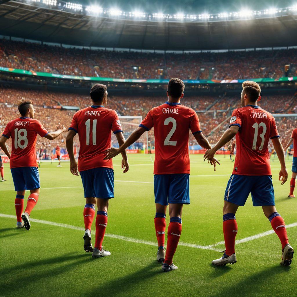 A dynamic soccer scene featuring a roaring stadium filled with excited fans in vibrant jerseys, waving flags and holding banners. In the foreground, a group of diverse fans passionately discussing the game with animated expressions, surrounded by football gear. A digital scoreboard displaying live match updates in bright colors. The background showcases a lush green pitch under an evening sky with dramatic lighting. super-realistic. vibrant colors. high detail.