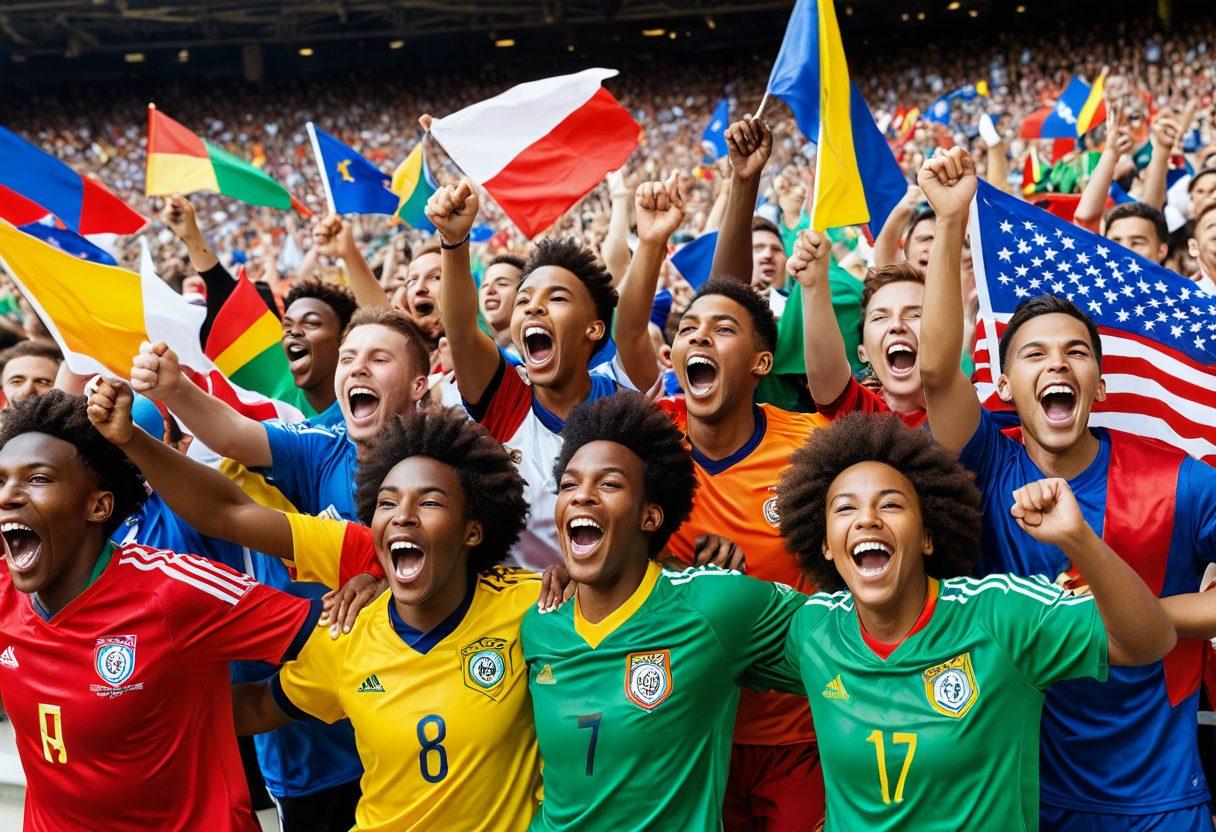A lively scene capturing a diverse group of soccer fans joyfully celebrating a goal, with colorful flags and banners waving in the air. The background features a vibrant soccer stadium filled with cheering crowds, while the foreground showcases a close-up of excited faces and joyful expressions. Include a soccer ball in motion, emphasizing the thrill of the game. bright colors. super-realistic.