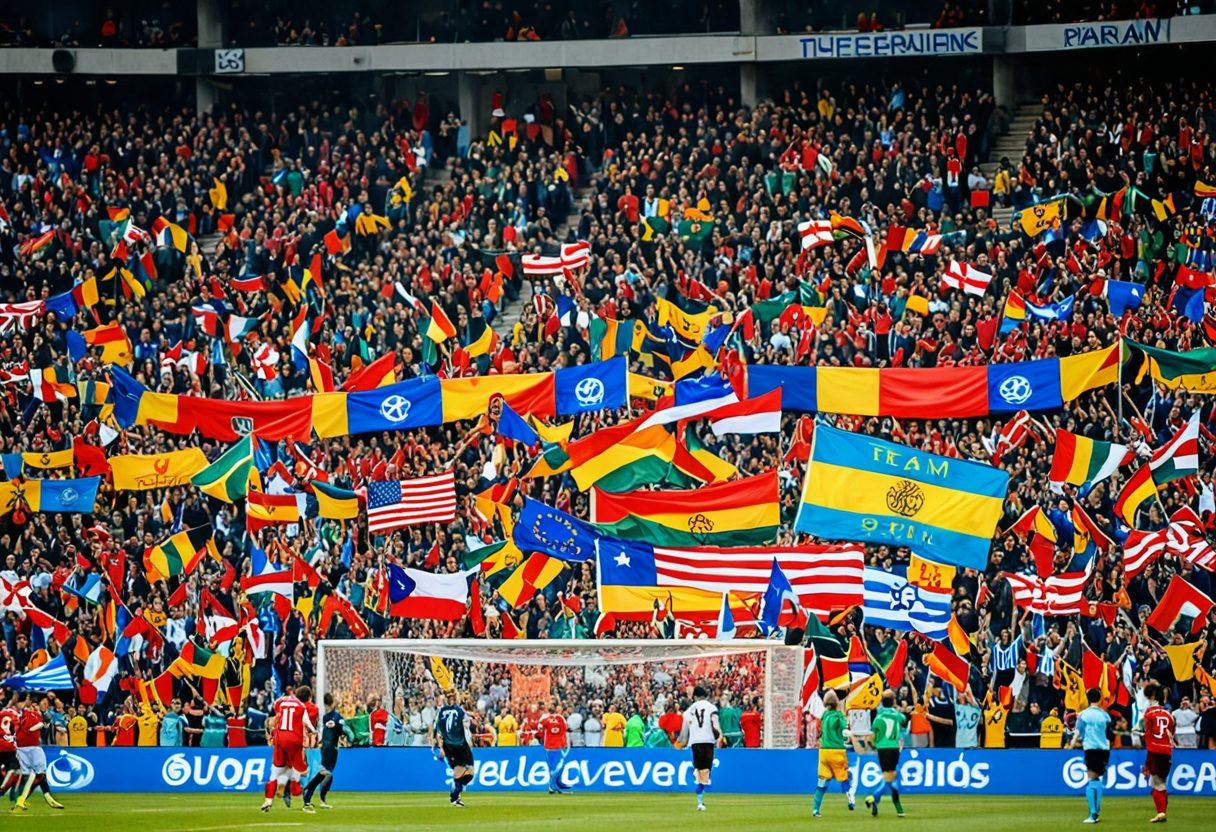 A vibrant soccer fan gathering in a stadium, showcasing diverse fans wearing colorful jerseys, waving flags, and cheering together. Include a large banner that reads 'Team Spirit' in bold letters, with a backdrop of a lively soccer match in progress. Capture the excitement and camaraderie among supporters, emphasizing unity and joy. super-realistic. vibrant colors. 3D.